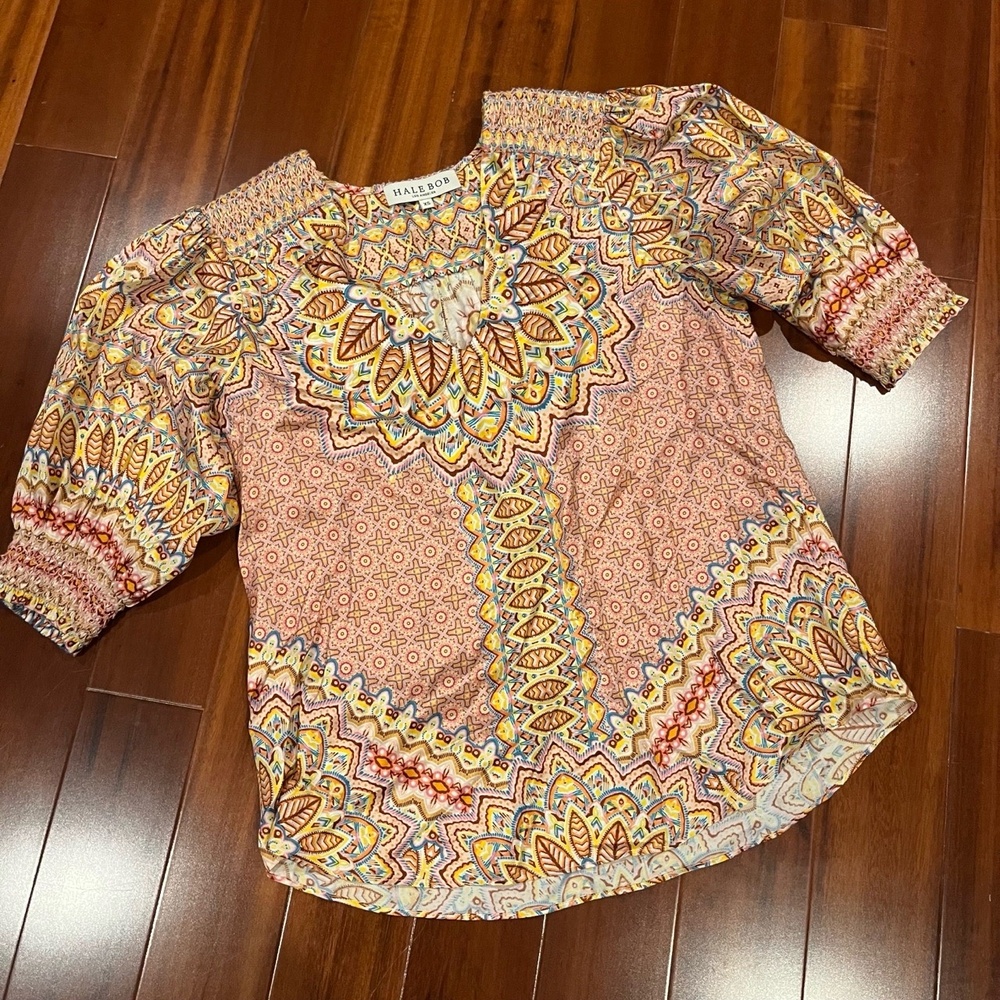 Hale Bob Silk Blouse Top Short Sleeve Smocked Pattern Bohemian Size Extra Small